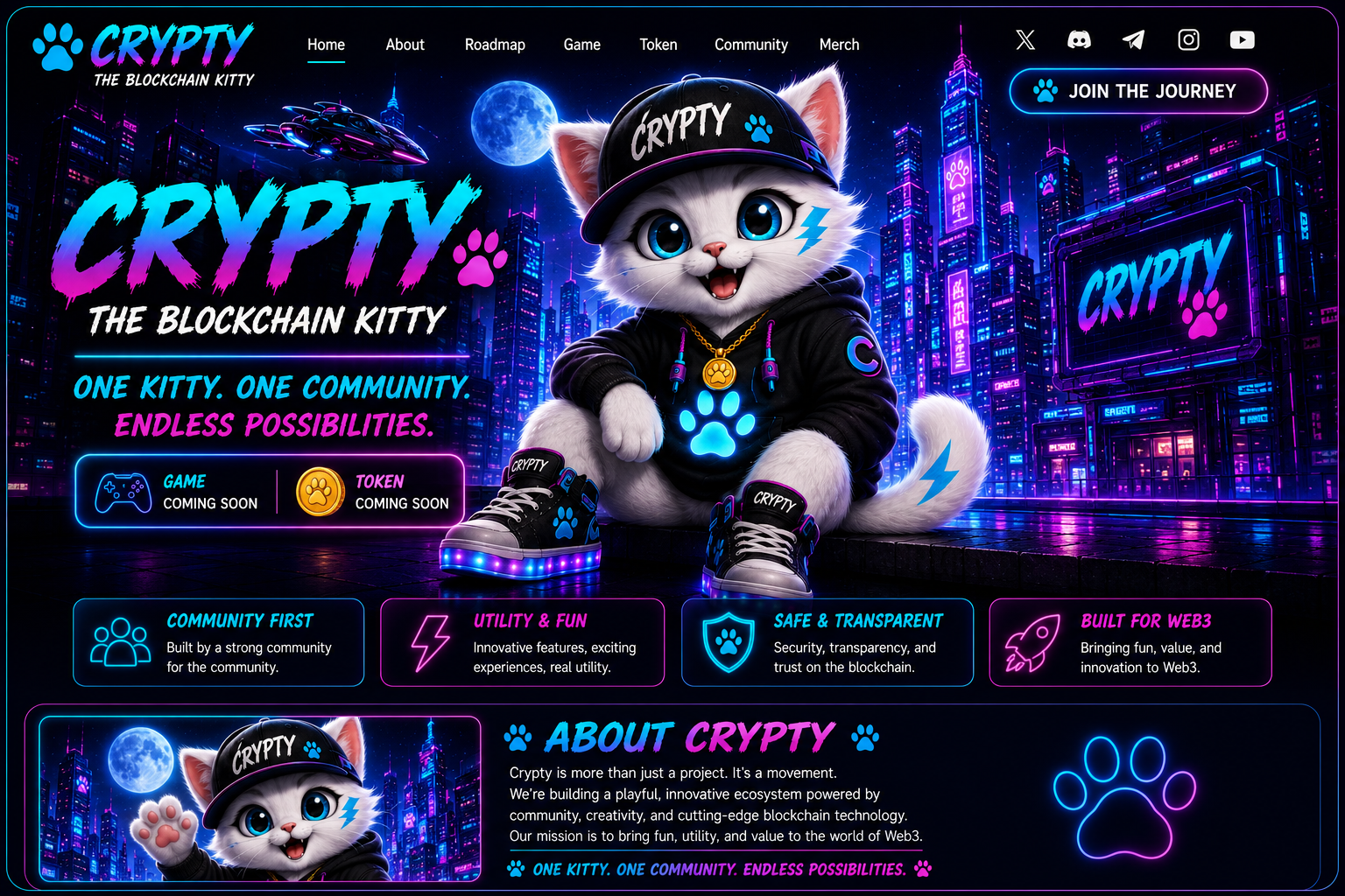 Crypty the Blockchain Kitty in a neon cyber city